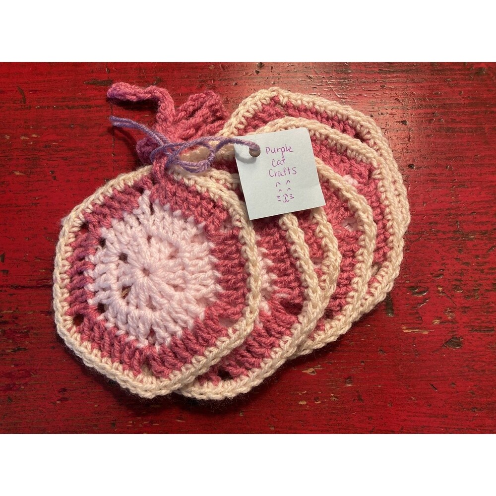 PURPLE CAT CRAFTS Handmade Crocheted Coasters Lot of 6 Rose White